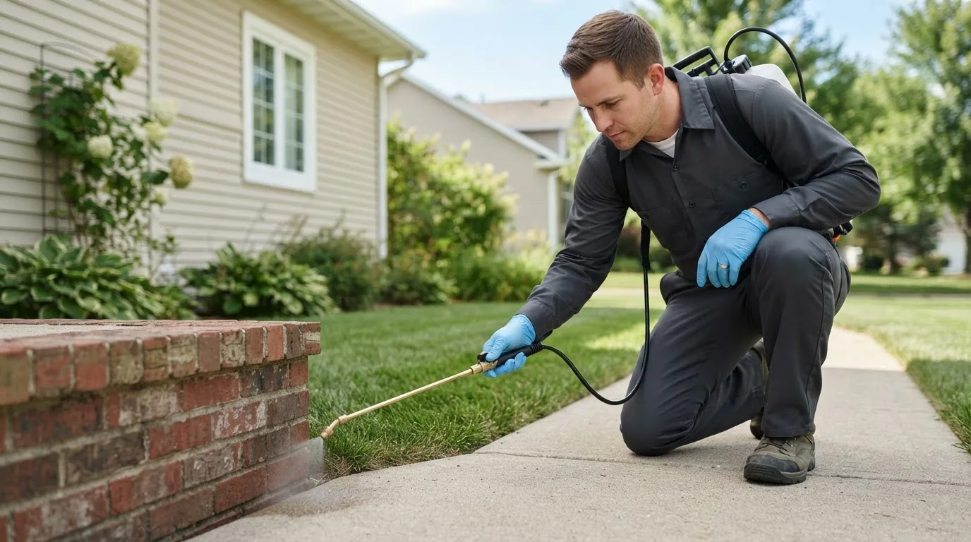 Pest control technician treating a home near Milton, ND